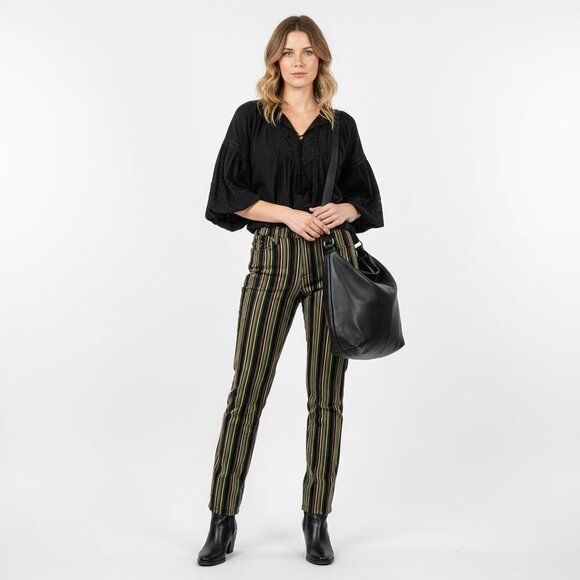 Arden B Green & Black Striped Velvet Soft Retro Flair Trouser Pants 8 - Picture 9 of 9